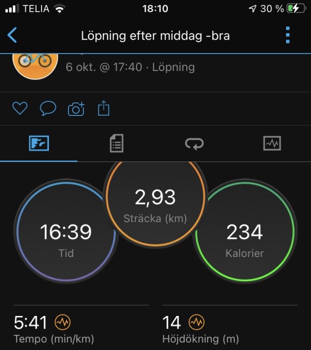 Skärmklipp av träningsapp med statistik för löpning: sträcka 2,93 km, tid 16:39, förbrända kalorier 234.