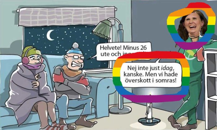 Illustration av två personer klädda för kyla inomhus, talbubbla om elbrist, redigerad bild av politiker med regnbågsfärgad pratbubbla.