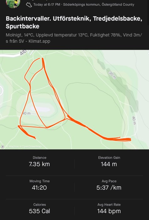 Löpningskartspår med data: 7,35 km distans, 144 m höjdvinst, tid 41:20, 535 kalorier, 5:37/km tempo, 144 bpm puls.