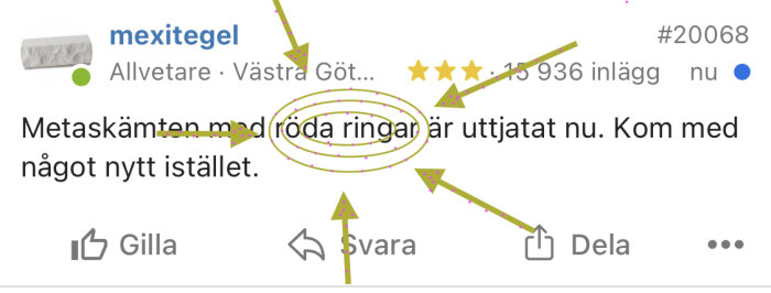 Skärmdump från diskussionsforum med markerad text "röda ringar" och kommentar om att de är uttjatade.