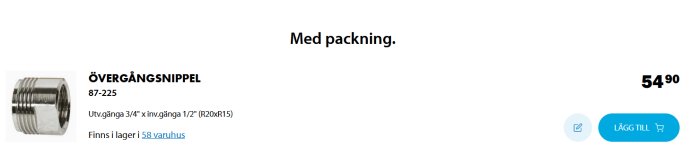 Biltemas övergångsnippel 87-225 med packning för VVS-installationer.