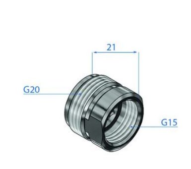 Illustration av övergångsnippel med dimensioner G20 till G15 och en slät ansats för packning.