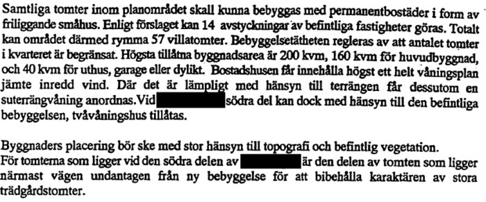 Dokument med text om planbestämmelser för byggnader, inklusive avståndskrav och byggarealregler.