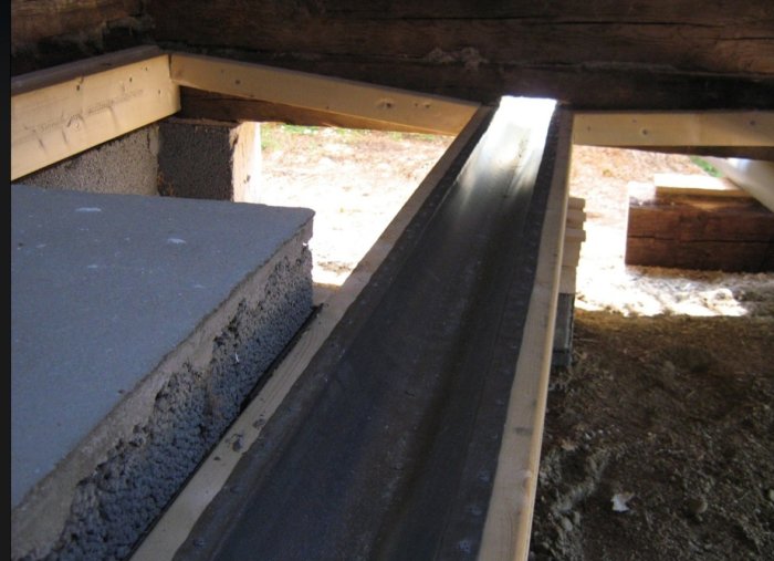 Installation av ränna under bjälklag bredvid betongplint för avledning till stenkista.