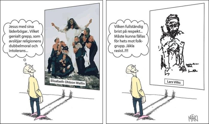 Två satiriska teckningar som diskuterar religion och yttrandefrihet med en figur som betraktar dem.