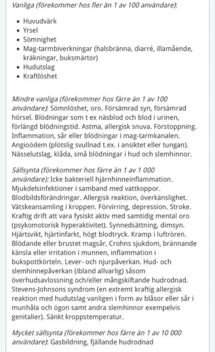 Textlista över biverkningar av ett läkemedel indelad i vanliga, mindre vanliga, sällsynta och mycket sällsynta.