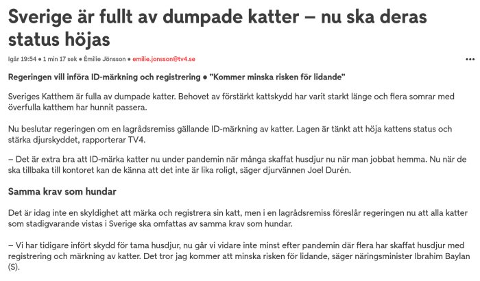 Skärmbild av en artikel med rubrik "Sverige är fullt av dumpade katter – nu ska deras status höjas".