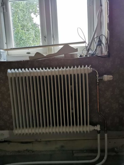 Nyinstallerad vit radiator under ett fönster, med synliga rör och termostat.