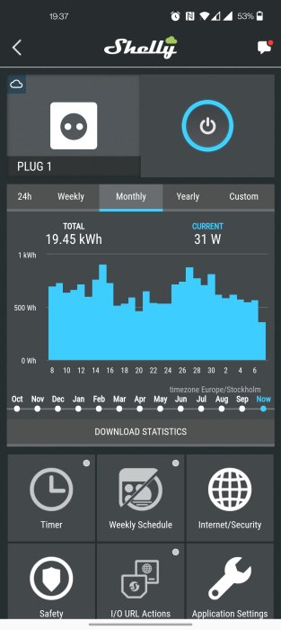 Skärmbild av Shelly-appen med energiförbrukningsstatistik för en kyl/frys.