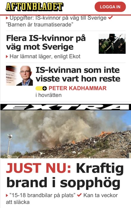 Skärmdump av Aftonbladets nyhetssida med rubriker och en bild på en brand i en sophög.