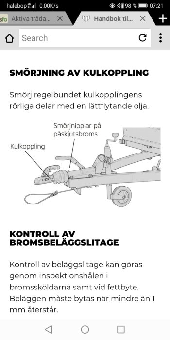 Instruktionsbild som visar smörjning av kulled och smörjnippel på en släpvagn.