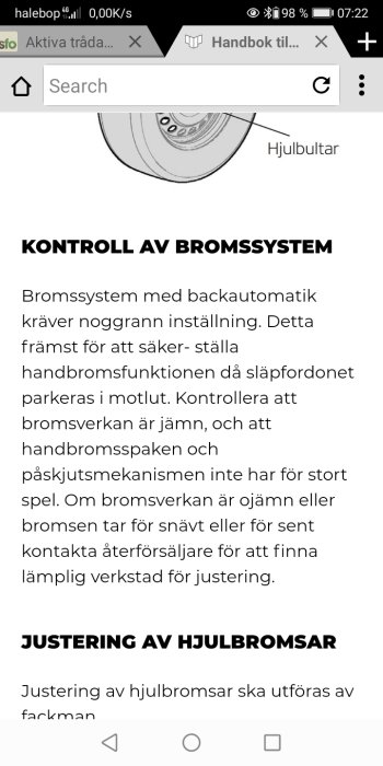 Skärmavbild av en handbok för kontroll av bromssystem på en hemsida med text och illustration av en hjulbult.