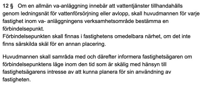 Bild på en textutdrag ur lagstiftning om anslutningspunkt för allmän vatten- och avloppsanläggning.