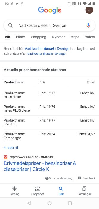 Skärmdump av sökresultat som visar aktuella priser för diesel och fordonsgas i Sverige.
