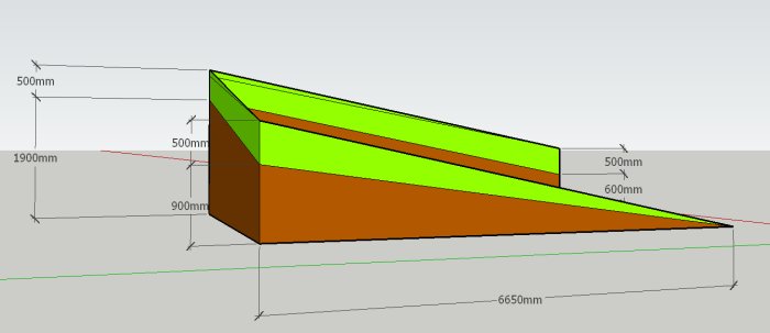 3D-modell som visar markförhållanden för sutterängvåning med dimensioner, befintlig och tillkommande marknivå.