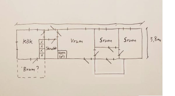 Handritad planritning som visar ett kök, vardagsrum och två sovrum med en möjlig utbyggnad.