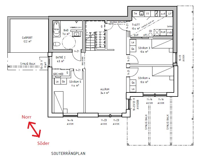 Arkitektritning av en sutterängplanslösning med markerade rum som sovrum och allrum, inklusive mått och möblering.