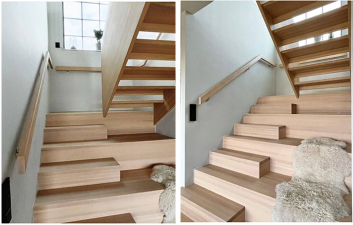 Två bilder på en modern trätrappa med unik design och inbyggd förvaring i ett hem.