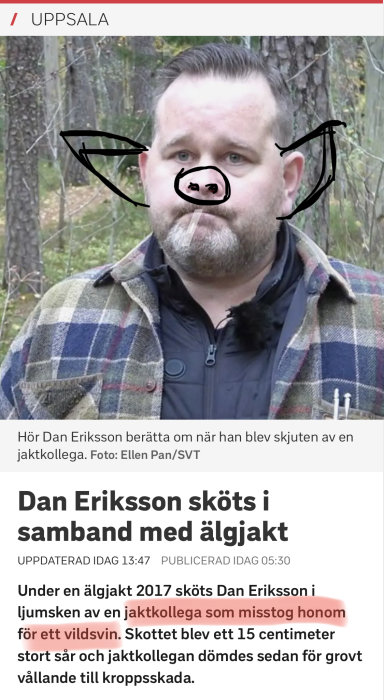 Bild med tecknade illustrationer överlagrat på en man i skogsmiljö, relaterat till en nyhetsartikel.