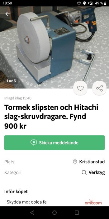 Tormek slipsten maskin och Hitachi slag-skruvdragare på ett mönstrat underlag.