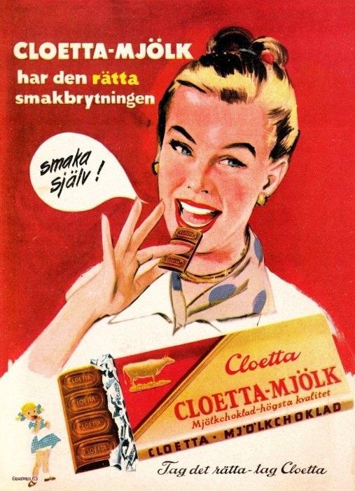 Gammaldags reklamaffisch för Cloetta mjölkchoklad med en leende kvinna som äter en chokladbit.