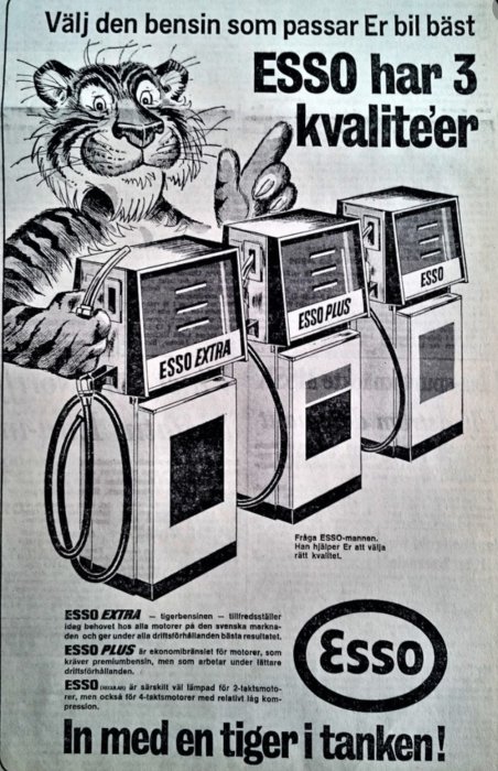 Gammal svartvit reklam för Esso bensin med en tecknad tiger som pekar på tre bensinpumpar och texten "In med en tiger i tanken!