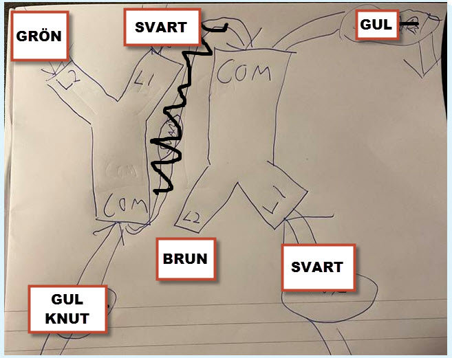 Handritad skiss som visar anslutningar för en dubbeltrapp brytare med markerade kablar och kopplingar.