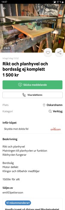 INCA-märkt rikt och planhyvel i arbetsmiljö, med synliga spån och verktyg.