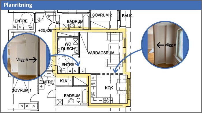 Planritning av lägenhet med markerade tillgänglighetsanpassade ytor och inlagda foton av korridorer.