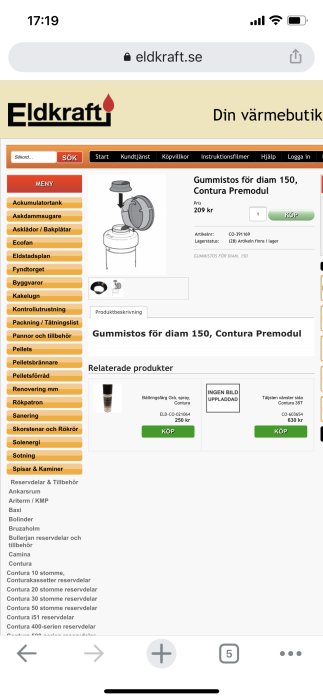 Skärmdump från webbutik med produkten "Gummistos för diam 150, Contura Premodul" och köpoption.