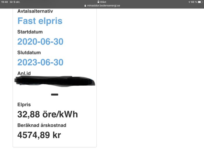 Skärmdump visar avtal om fast elpris, med start- och slutdatum samt kostnad per kWh och årlig kostnad.