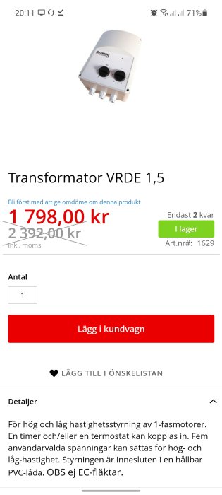 Transformator för hög/låg hastighetsstyrning av motorer, ej för EC-fläktar, med prisinformation.