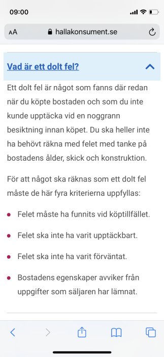 Skärmdump från webbsida om dolt fel i bostad med kriterier listade under rubriken "Vad är ett dolt fel?".