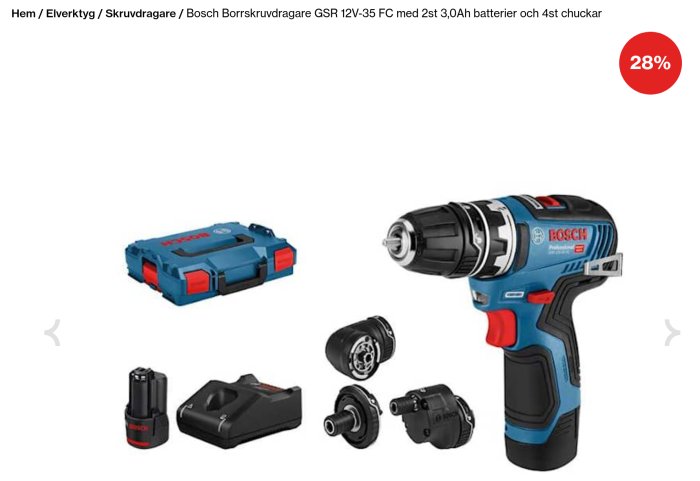 Bosch borrskruvdragare GSR 12V-35 FC med två batterier och chuckar i en L-BOXX, med rabattmärkning.