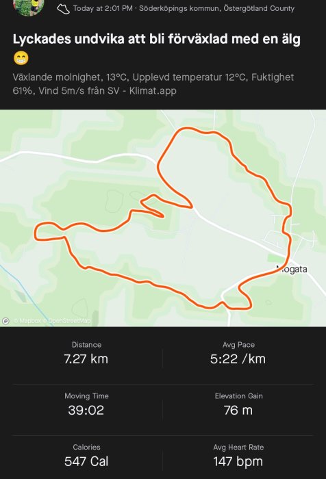 Skärmdump av träningsapp med karta som visar 7,27 km löprunda, tider, tempo och hälsodata.