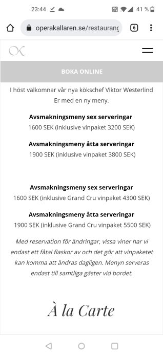 Skärmdump från Operakällarens webbsida som visar priser för avsmakningsmenyer med och utan vinpaket.