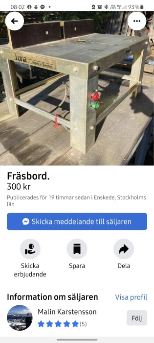 Använd begagnat fräsbord av märket Luna, till salu för 300 kr, på en utomhusplats.