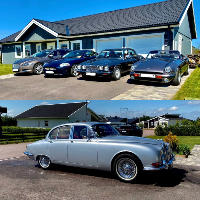 Samling brittiska klassiska bilar framför hus, inklusive en Jaguar XF, XK, XJ och en TVR.