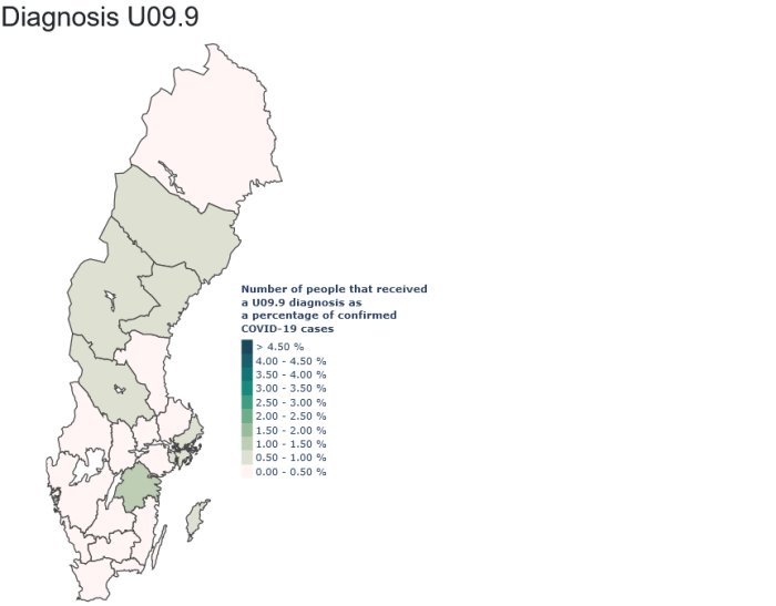 Karta över Sverige som visar andel bekräftade covid-19 fall med postcovid-diagnoskoden U09.9 per region.