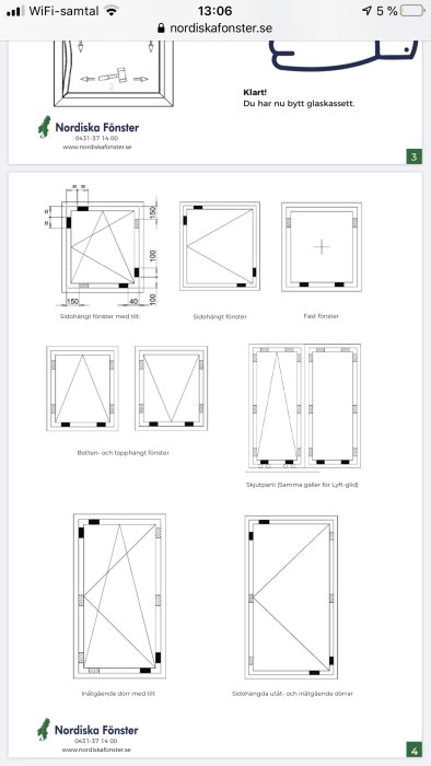 Skärmdump av monteringsanvisningar för olika fönstertyper från Nordiska Fönster med måttangivelser.