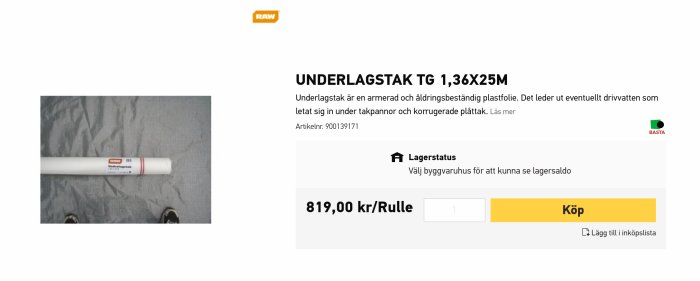 Rulle av underlagstak på grått underlag med produktinformation och pris på skärm.