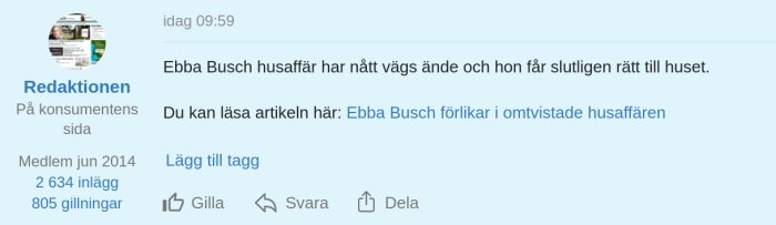 Skärmdump av ett inlägg på forum med profilbild och text om Ebba Busch husaffär.