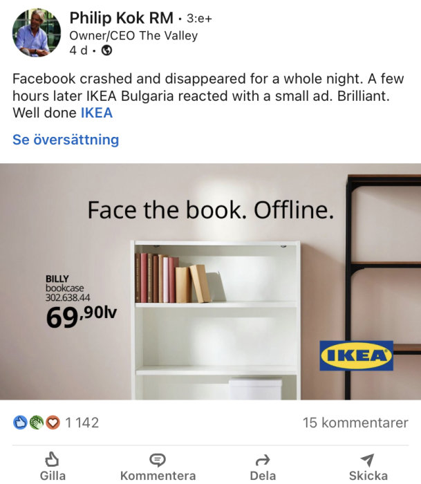 IKEA-reklambild med texten "Face the book. Offline." och en vit bokhylla modell BILLY med böcker.