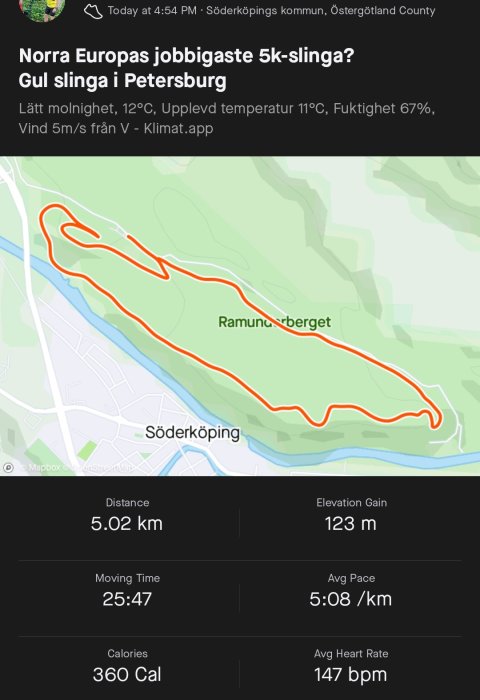 GPS-spårning av en 5 km löparrunda i Söderköping, med tid och prestationsdata.