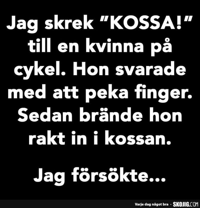 Textmem med texten "Jag skrek 'KOSSA!' till en kvinna på cykel, hon pekar finger, krockar med ko, försökte varna".