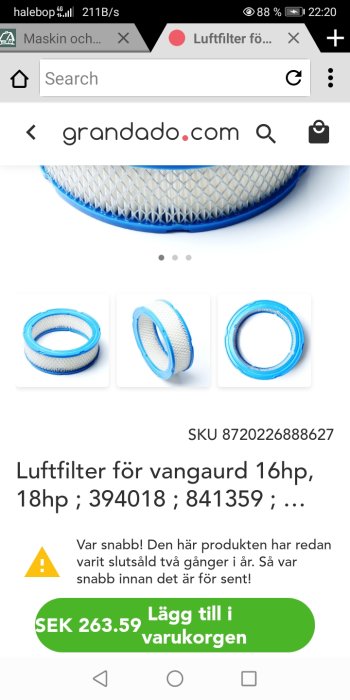 Luftfilter för vanguard 16hp motor visas på en webbshopssida, priset anges.