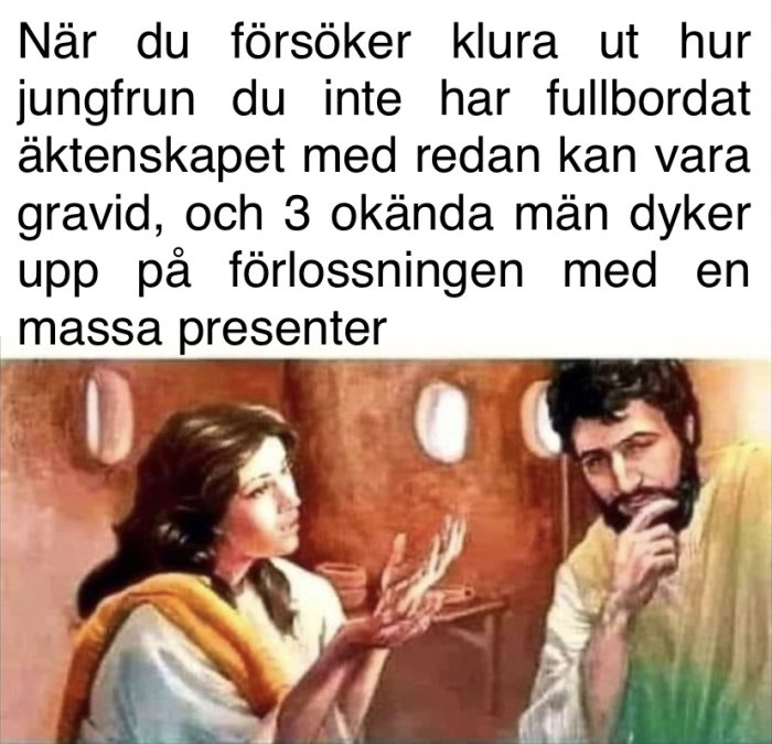 Illustration av två personer i historisk dräkt och en humoristisk text om att vara förvirrad över en graviditet och presenter.