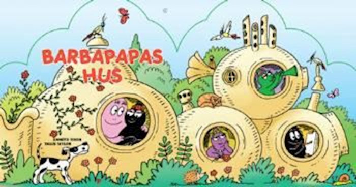 Illustration av Barbapapas färgglada tecknade hus med karaktärer tittandes ut genom fönster.