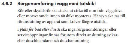 Textdokument med byggregler om rörgenomföring i vägg med tätskikt för bad eller dusch.