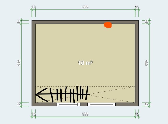 Skiss av loft på 8 kvm med möjliga positioner för en säng, trappans riktning och öppning för ventilation.